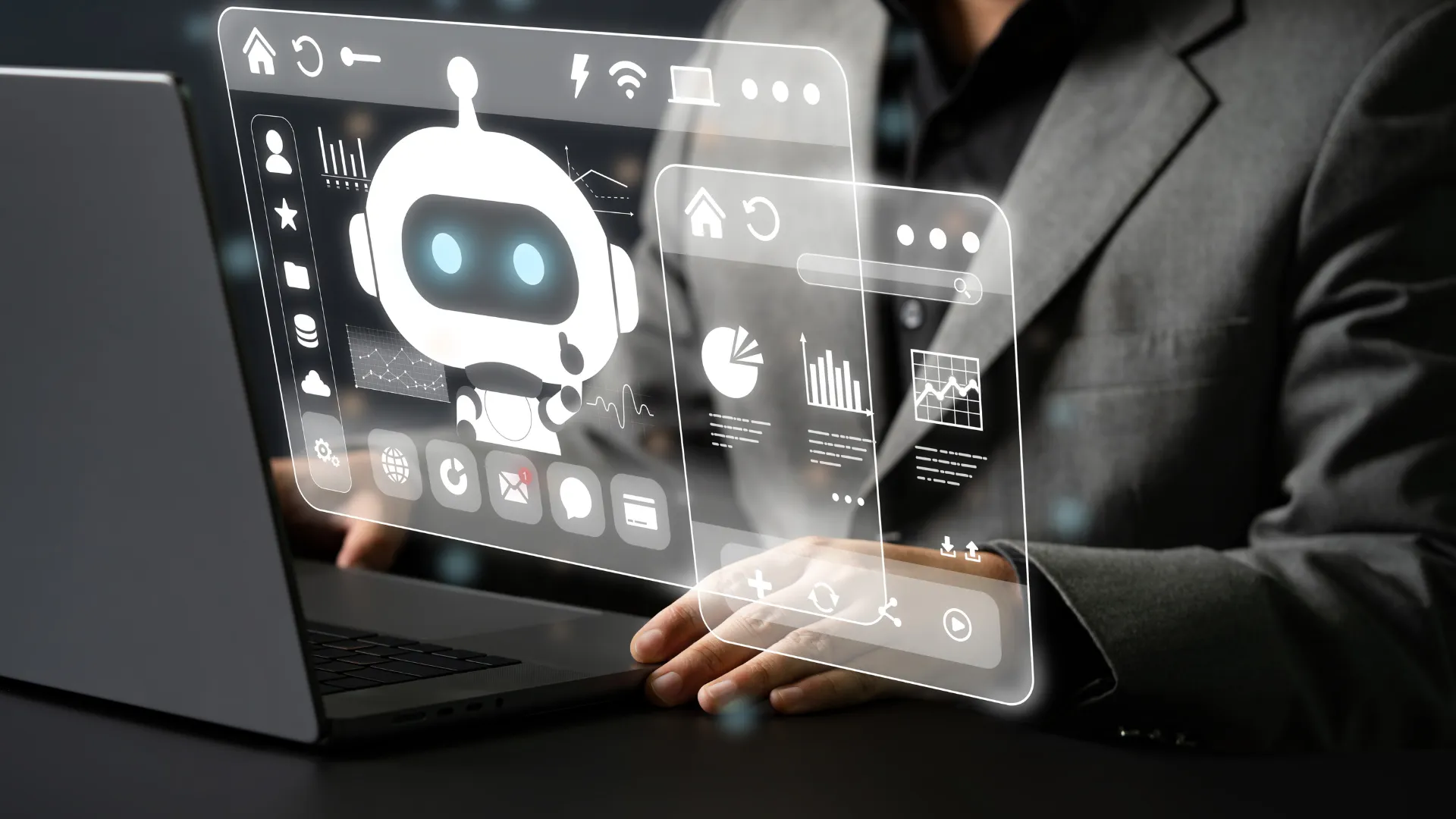 A person at a laptop with a holographic robot and analytics panels
