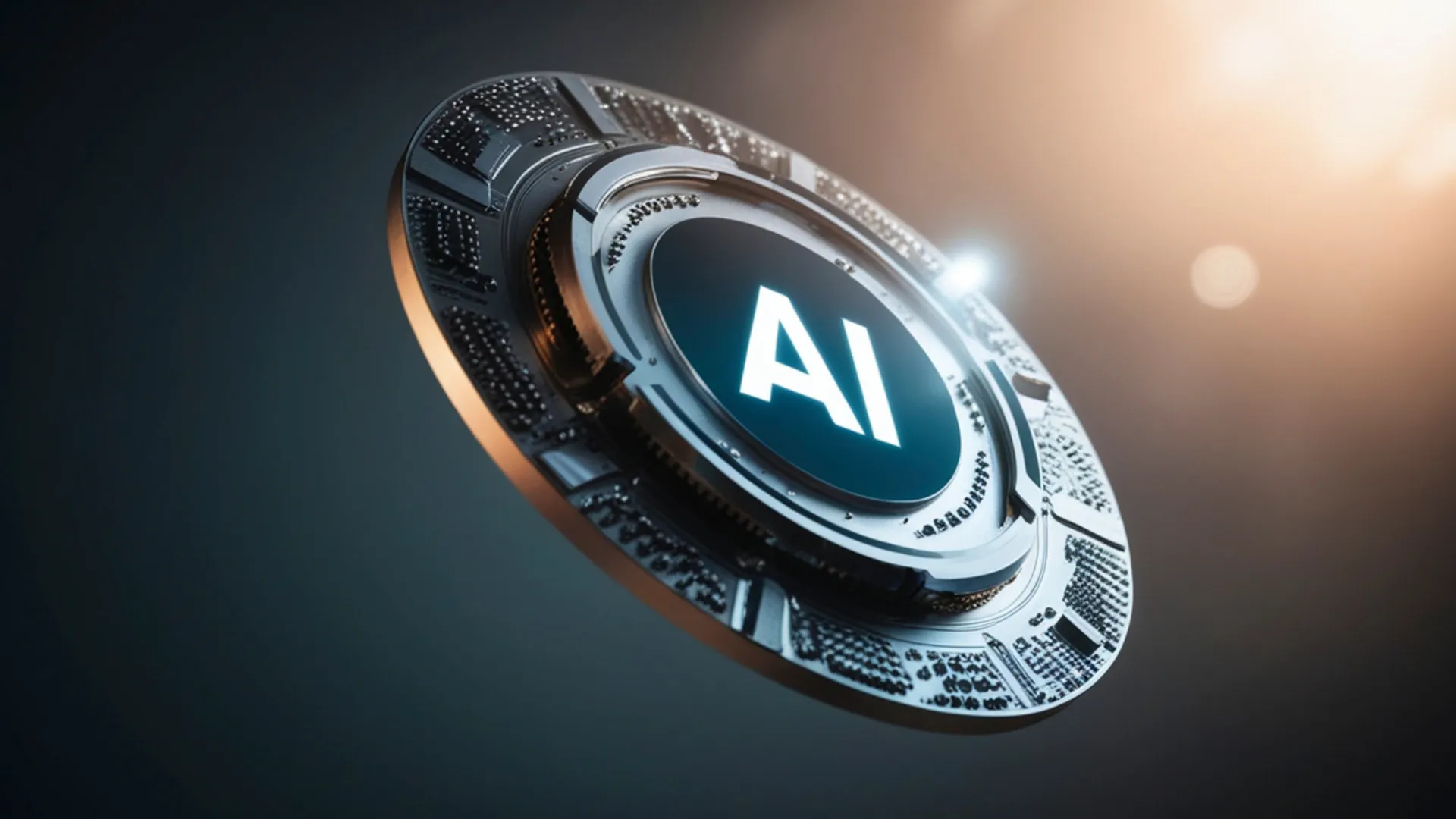 A circular chip with the letters AI glowing in the center