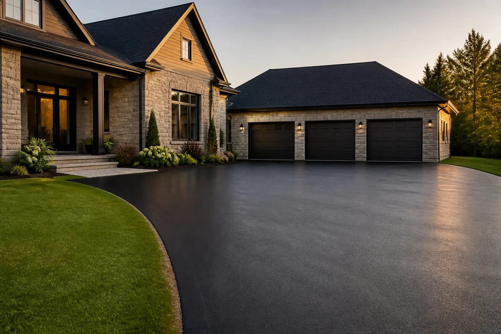Finished residential asphalt driveway with a luxury home and manicured lawn