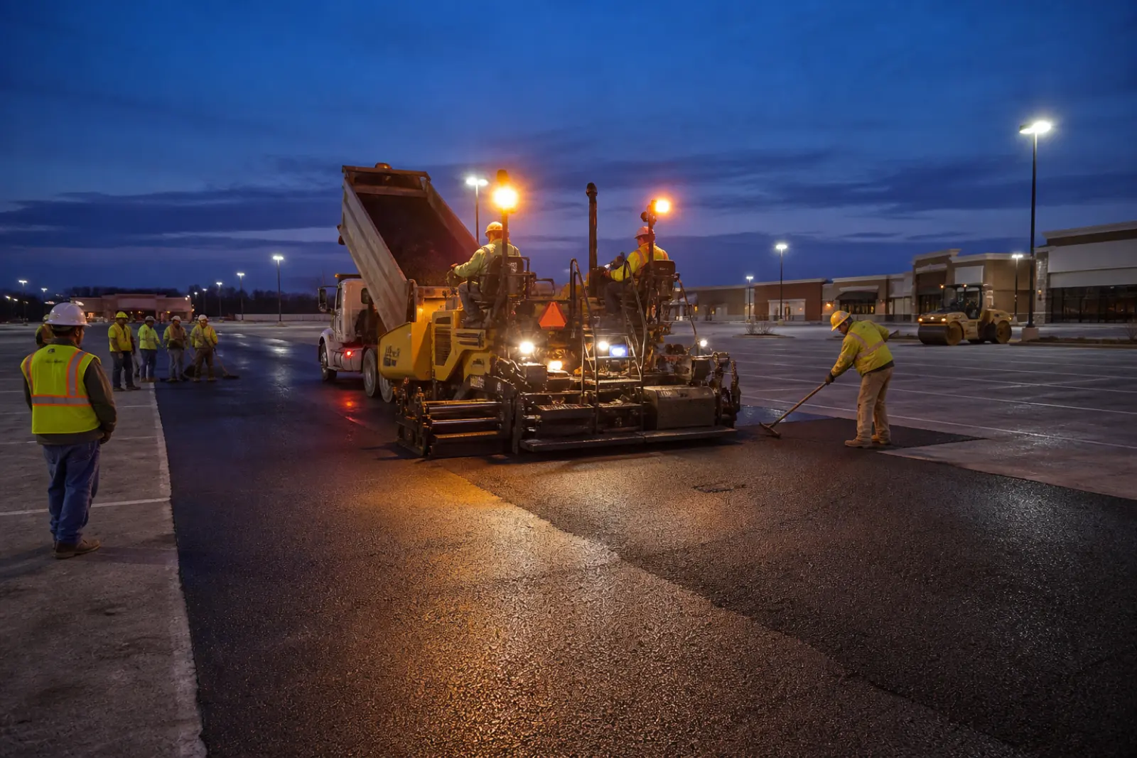 Night paving crew overlaying a commercial parking lot with hot mix asphalt