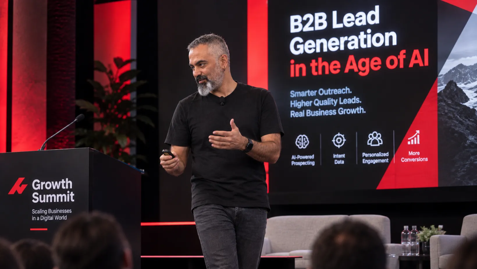 Speaker on stage at a growth summit about B2B lead generation and AI