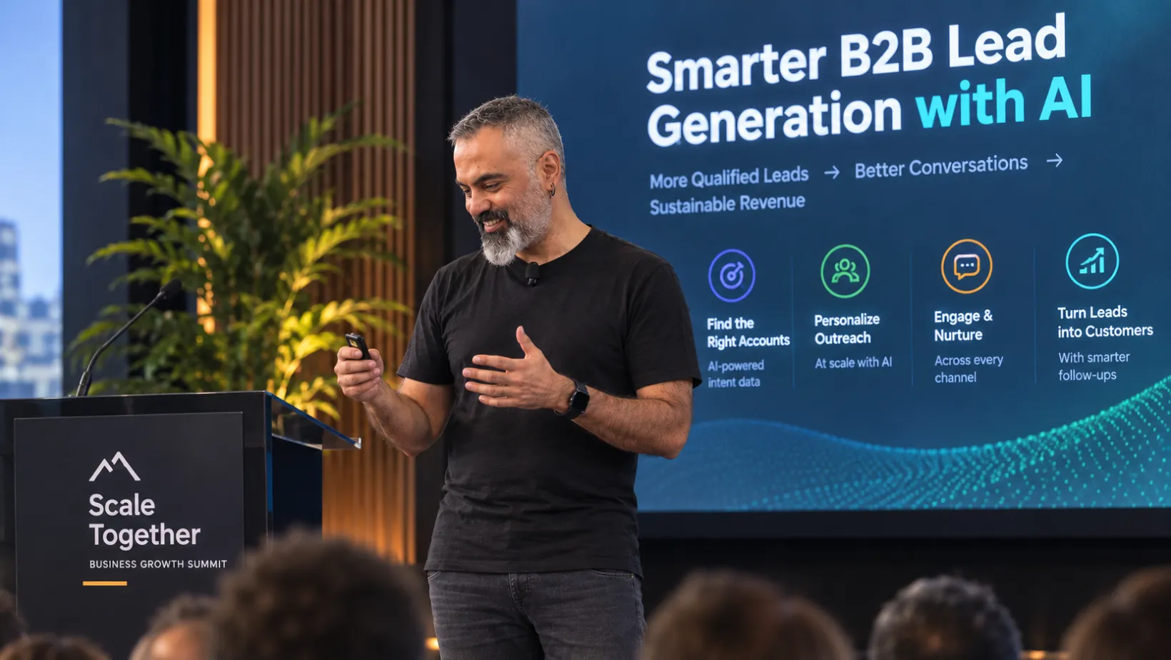 Speaker presenting smarter B2B lead generation at a business summit