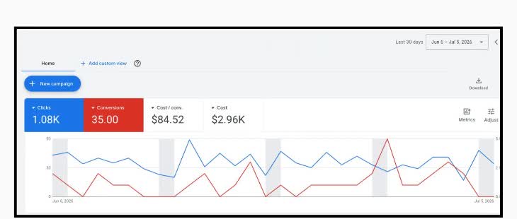 Google Ads paid search dashboard showing clicks, conversions, and campaign performance for LeadGulls Charlotte clients