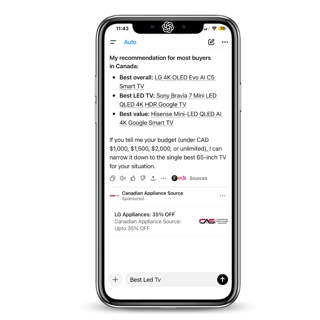Example ChatGPT ad placement shown inside a ChatGPT conversation
