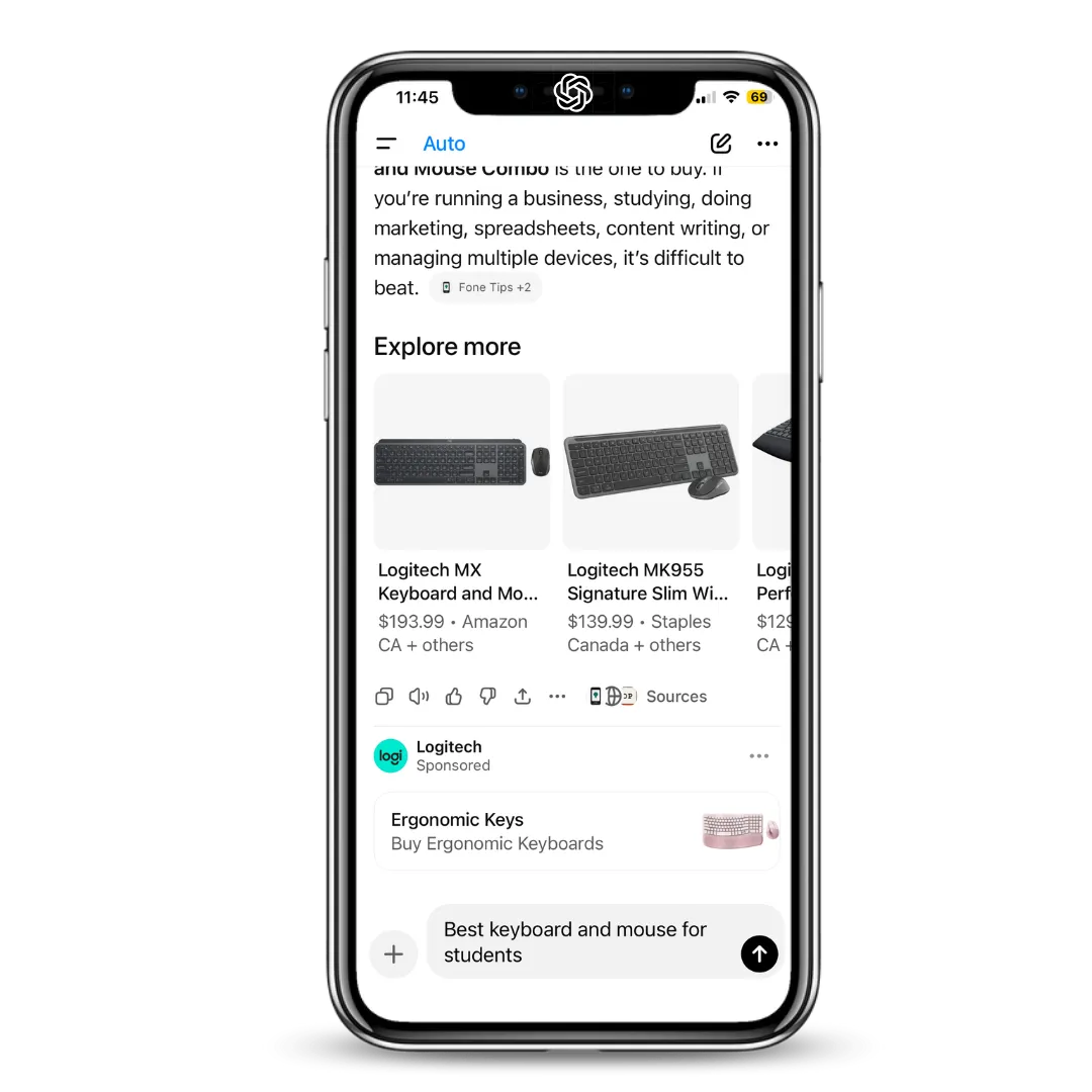 Example ChatGPT ad placement shown inside a ChatGPT conversation