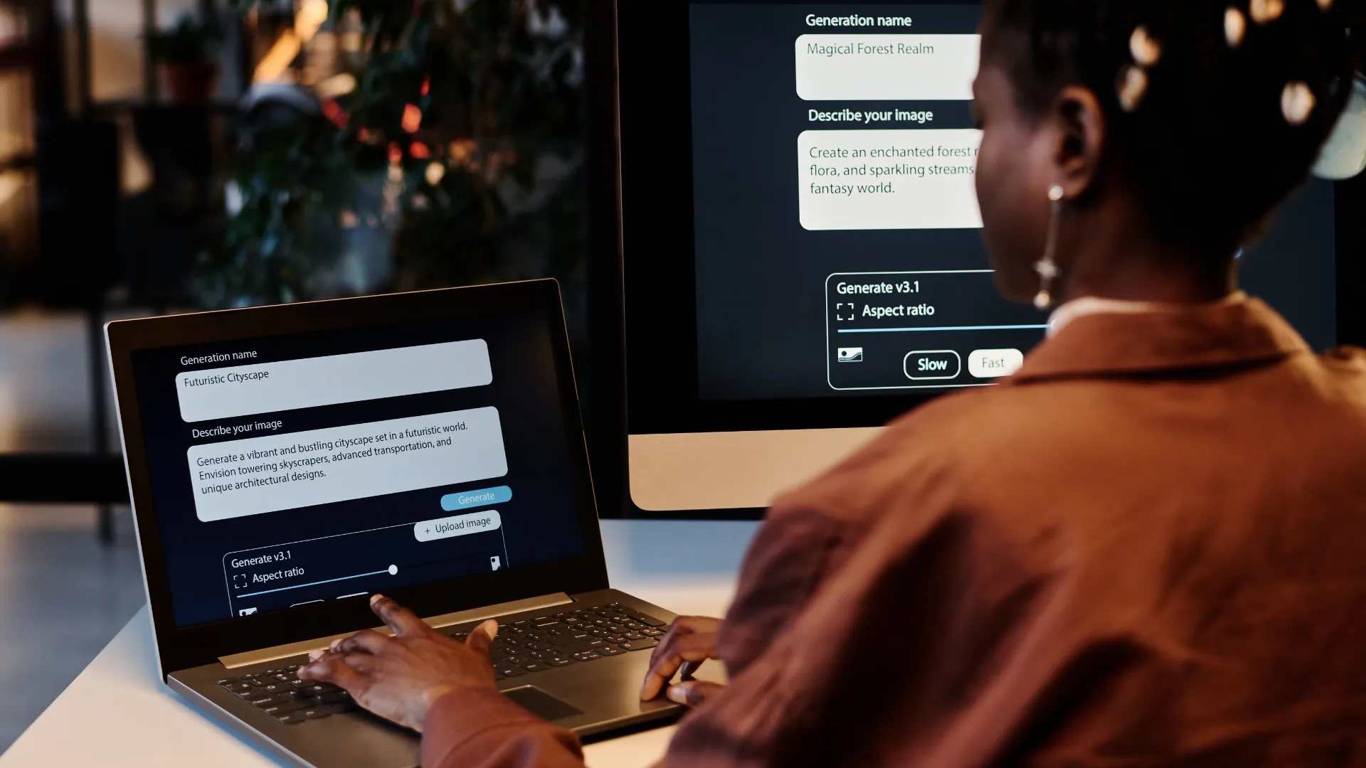 Woman writing an AI image prompt on a laptop beside a second monitor