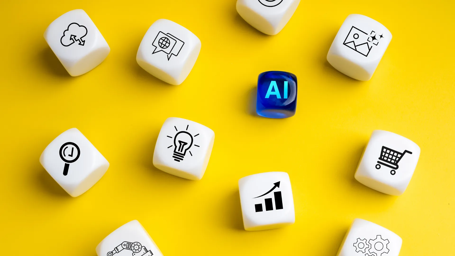 White icon dice around a blue AI die on a yellow background