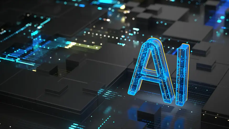 Illuminated AI letters on a circuit board