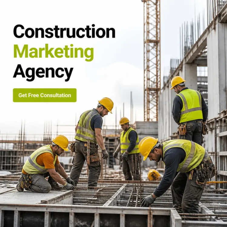 Construction crew placing rebar on a job site with a crane overhead. Get a free construction marketing consultation.