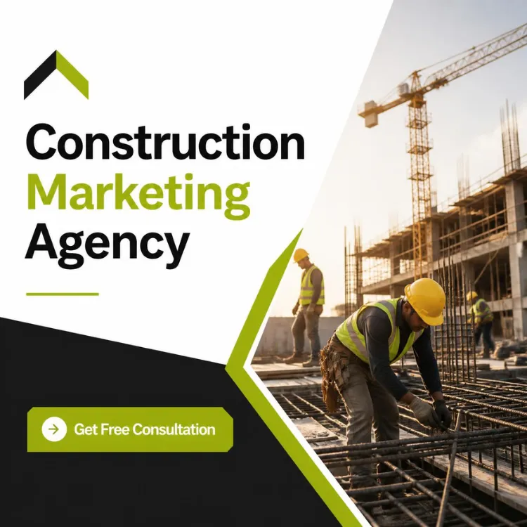 Construction workers in safety gear tying rebar on a foundation. Get a free construction marketing consultation.