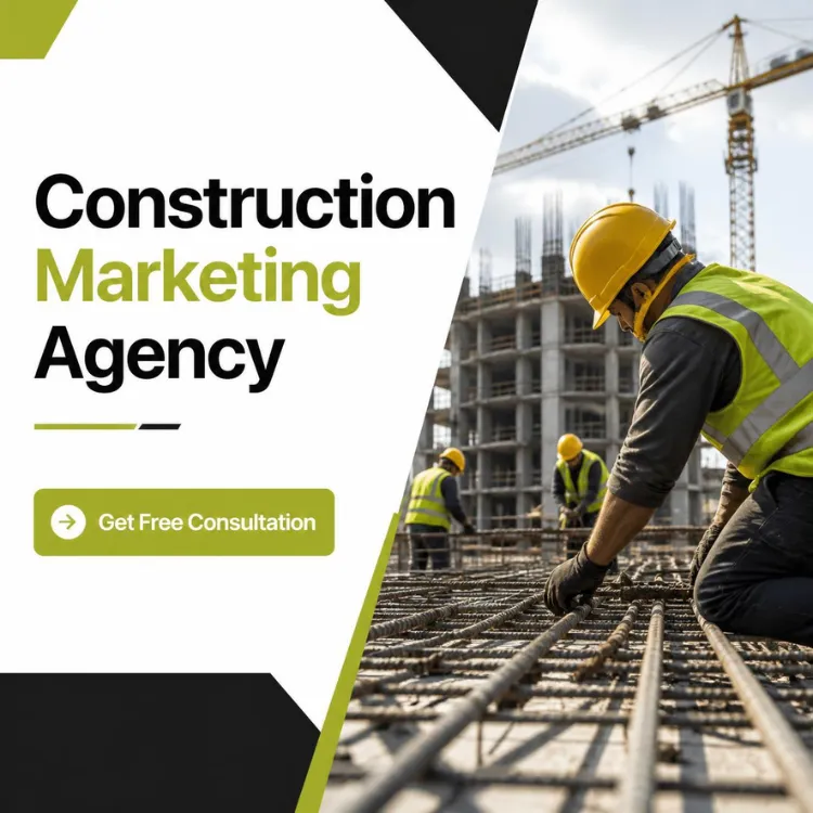 A construction worker kneeling over a rebar grid on an active job site. Get a free construction marketing consultation.