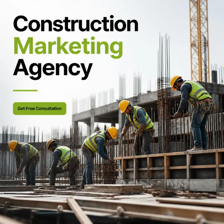 Five construction workers assembling a concrete slab with a crane in the background. Get a free construction marketing consultation.