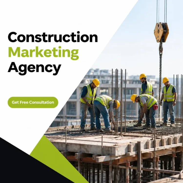 Construction crew working on a concrete deck with a crane hook above. Get a free construction marketing consultation.