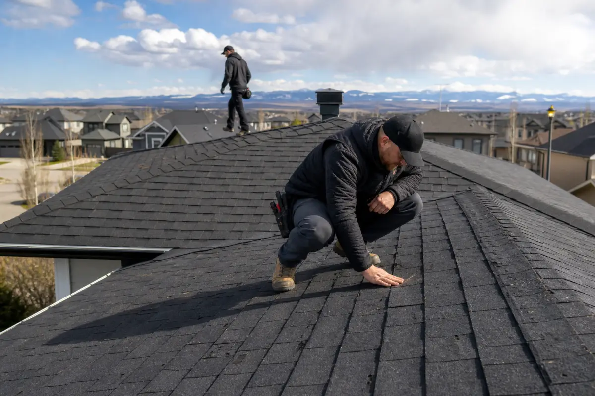 Roofing crew inspecting hail damage on a Calgary suburban roof
