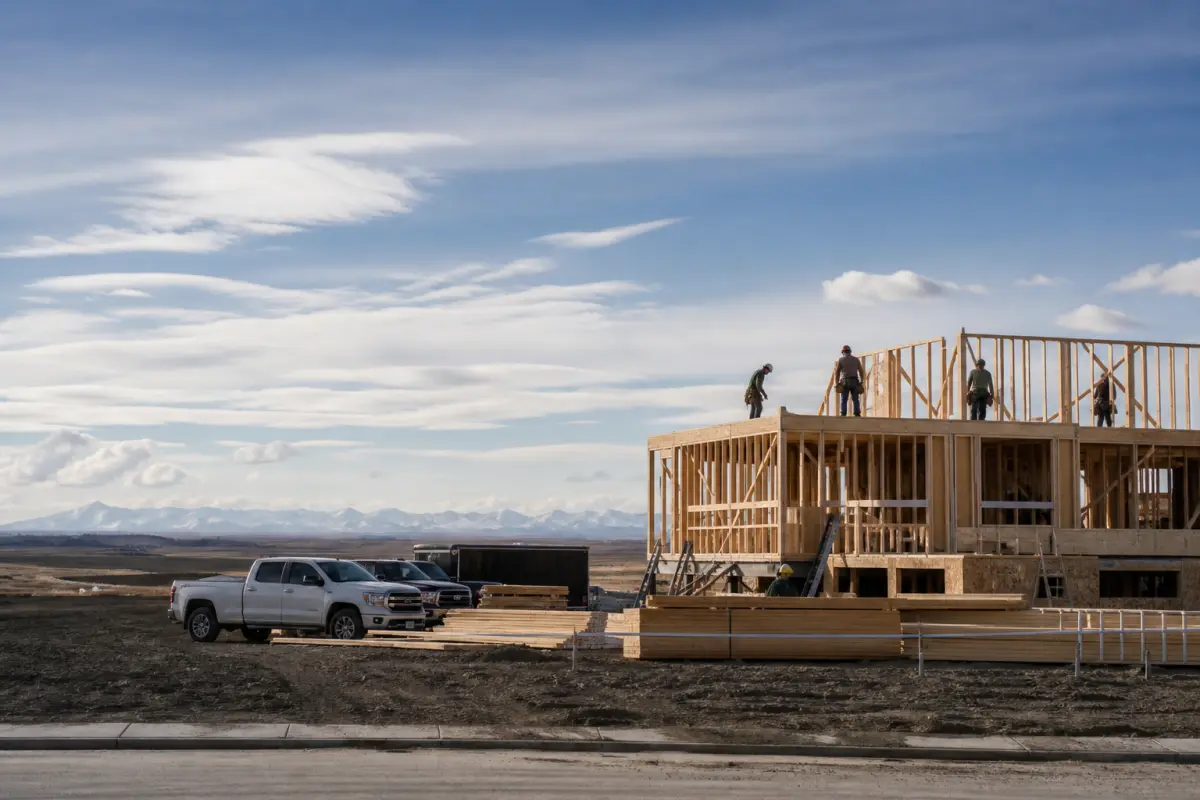 New home framing on a Calgary prairie subdivision