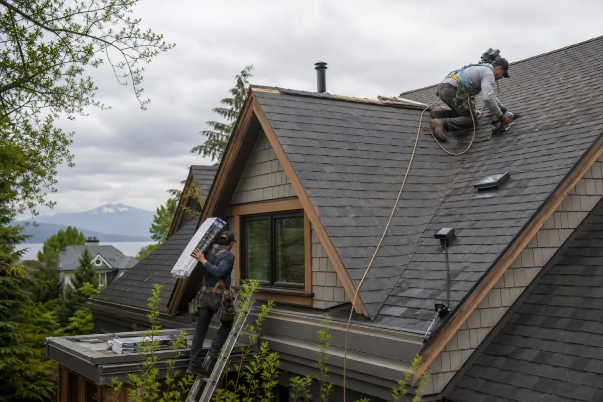 Roofing crew installing new shingles on a Vancouver character home