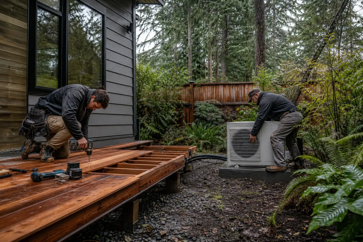 Vancouver contractors building a cedar deck and installing a heat pump
