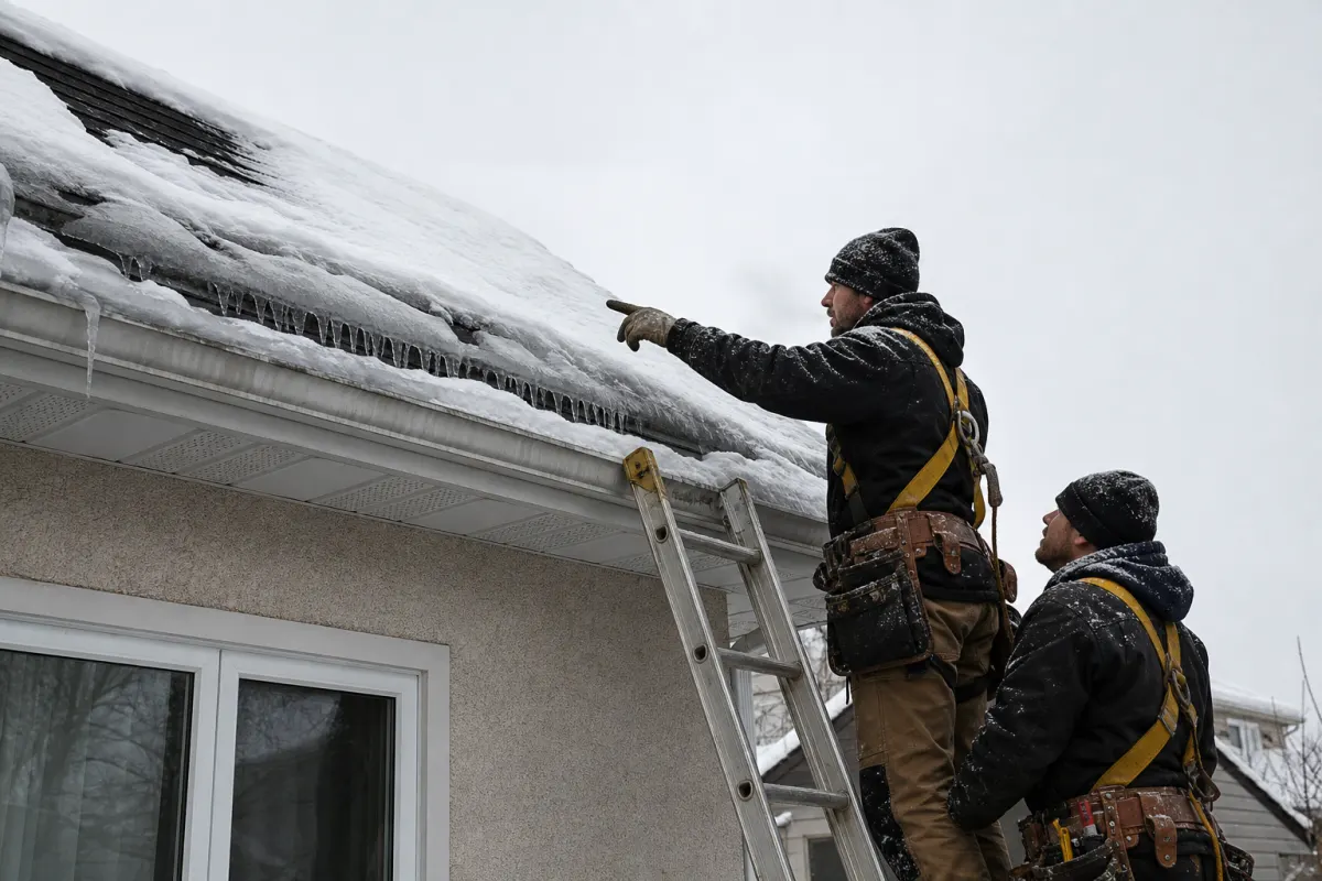 Roofing crew inspecting ice and snow on a Winnipeg bungalow roof