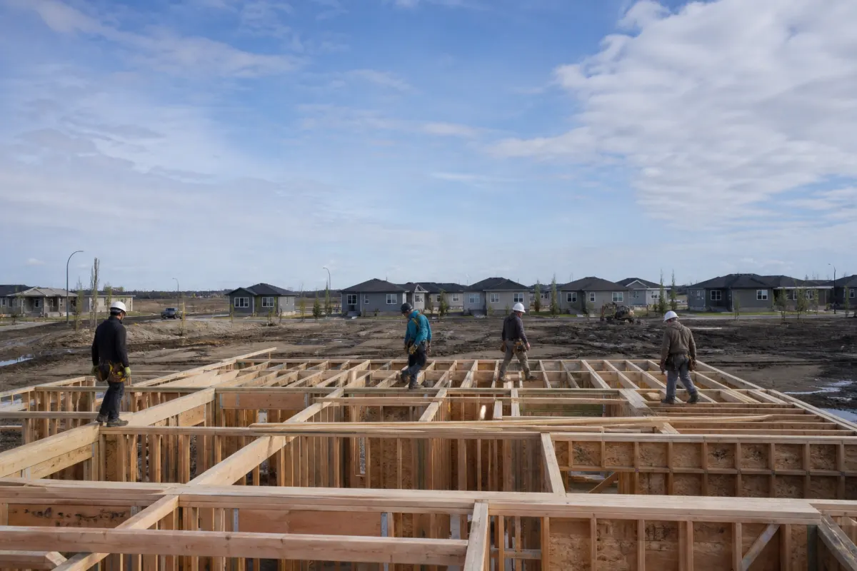 New home framing on a Winnipeg prairie subdivision