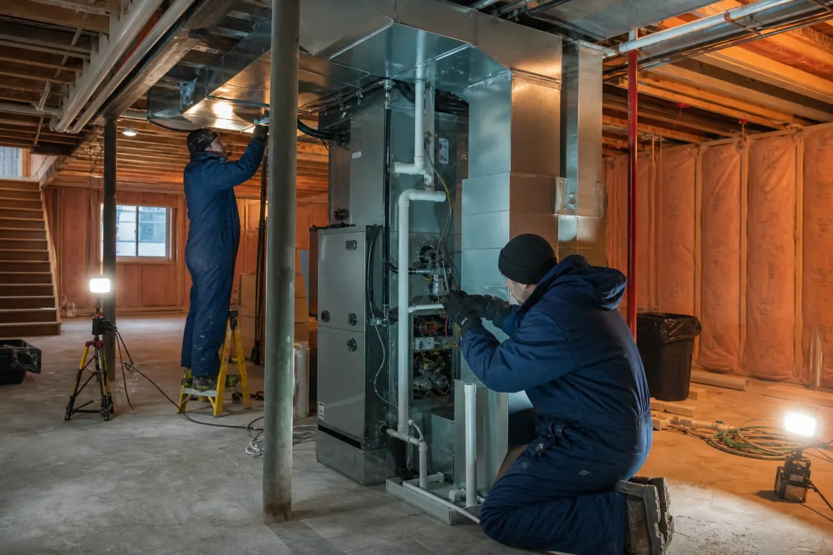 HVAC contractors installing a furnace in a Winnipeg basement