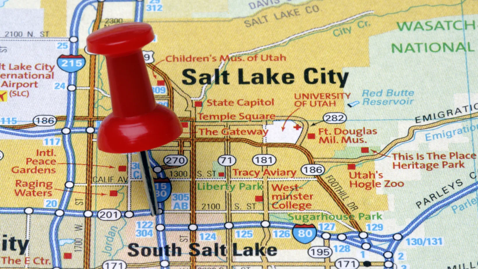 Red pin marking Salt Lake City on a street map