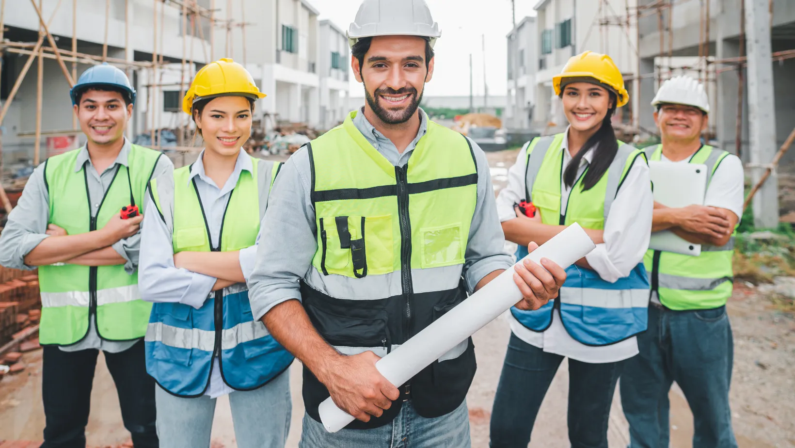 Construction crew in high-visibility vests, one holding rolled plans