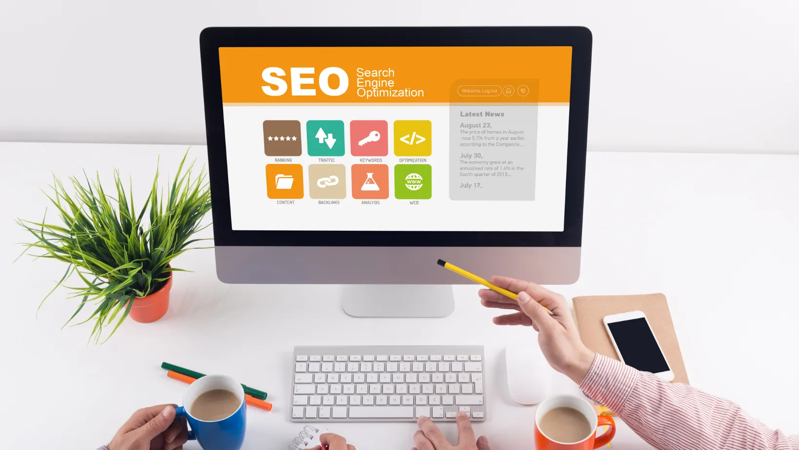 Desktop monitor showing an SEO dashboard