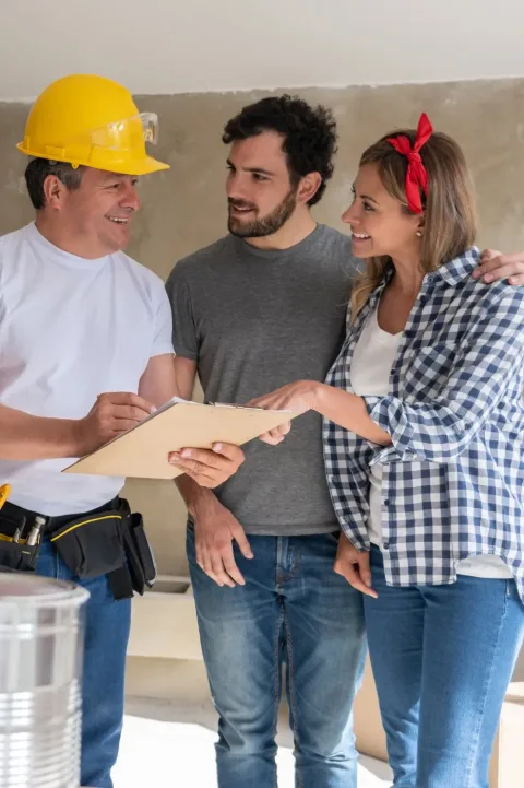 A happy contractor is talking to his clients who agreed to renovate their home with the contractor whom they found after clicking the google search ad LeadGulls contractor marketing service team manage for the contractor.