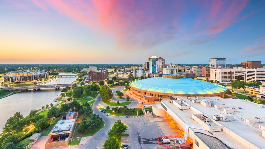 Aerial view of downtown Wichita along the river at sunset