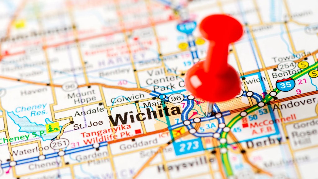 Map of Wichita, Kansas with a red pin over the city, including Maize, Andover, Derby, and Haysville
