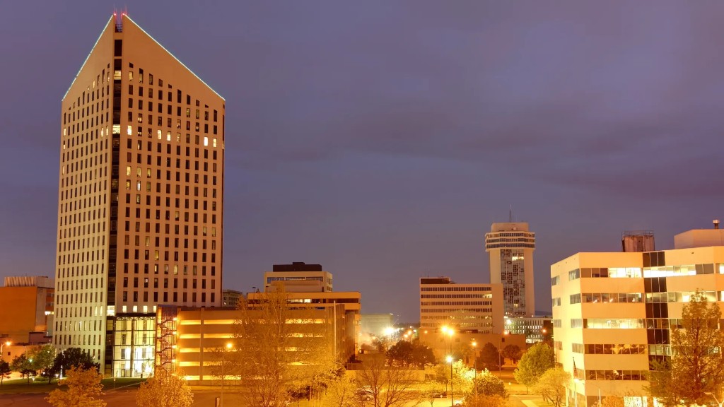 Downtown Wichita at dusk, with a lit office tower and city streets