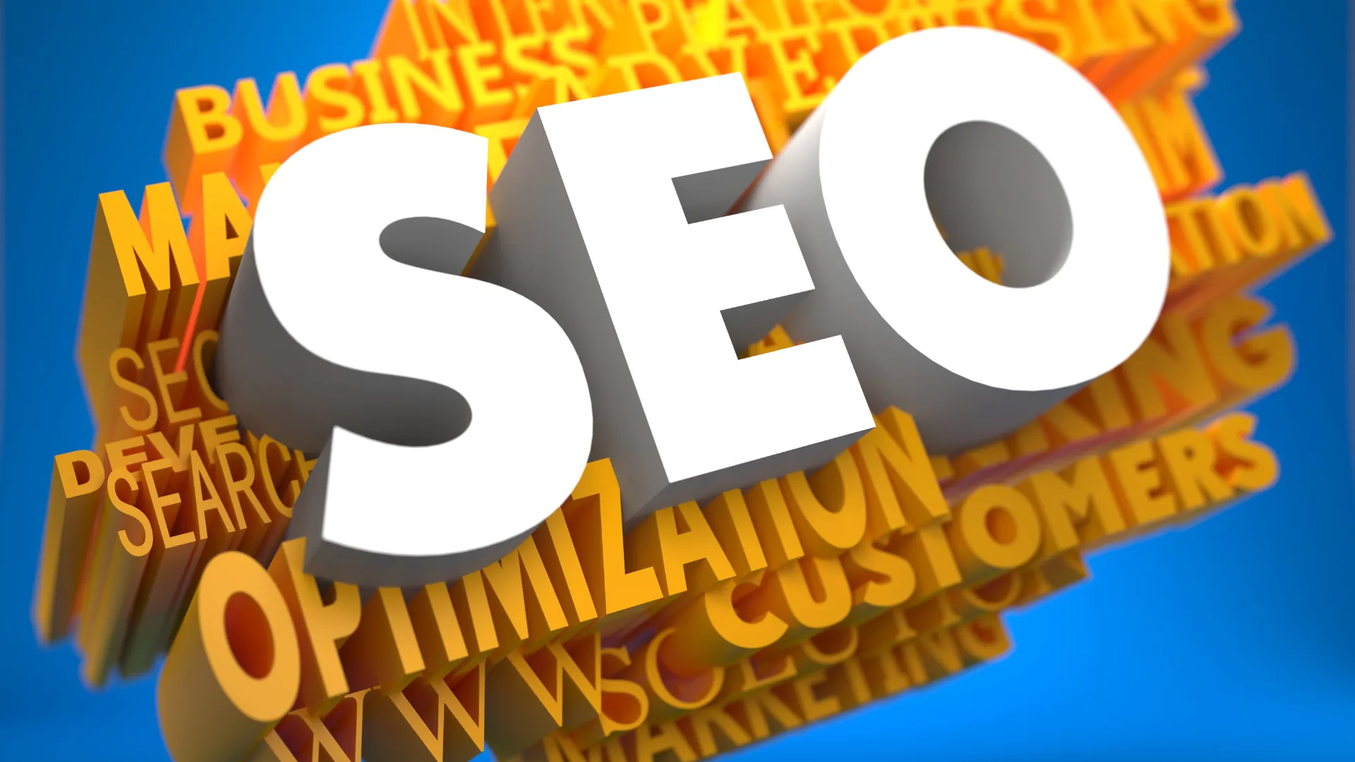 White 3D SEO letters over orange words like optimization and customers