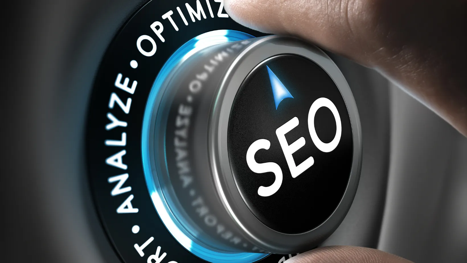 Hand turning an SEO dial set between analyze and optimize