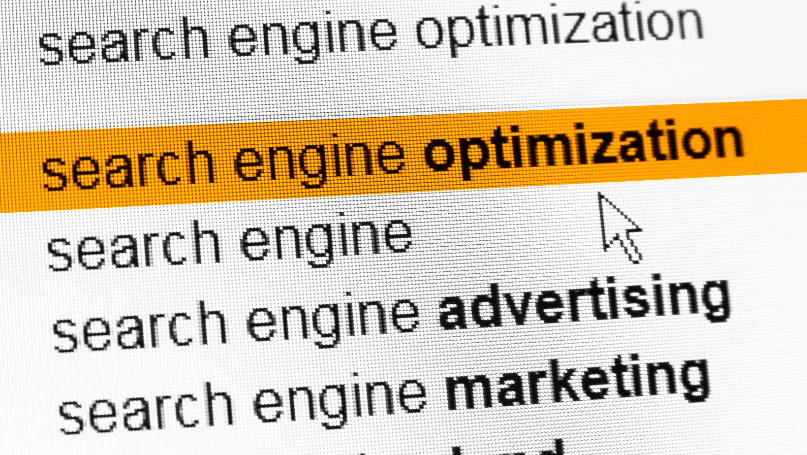 Search suggestion list with search engine optimization highlighted in orange
