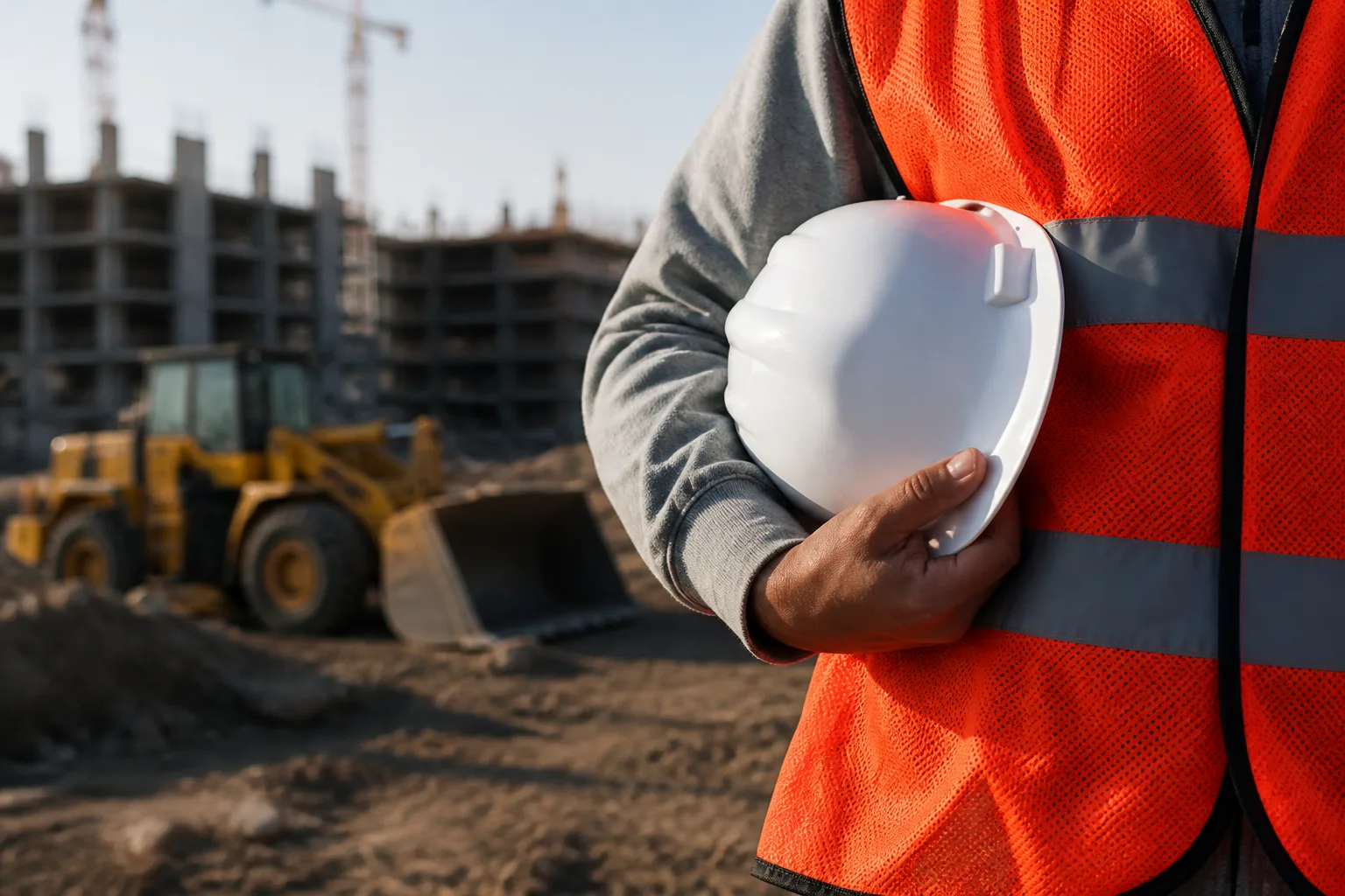 Construction worker in a high-visibility vest holding a hard hat on a job site. Niagara North Contracting, a LeadGulls SEO client in Grimsby, Ontario