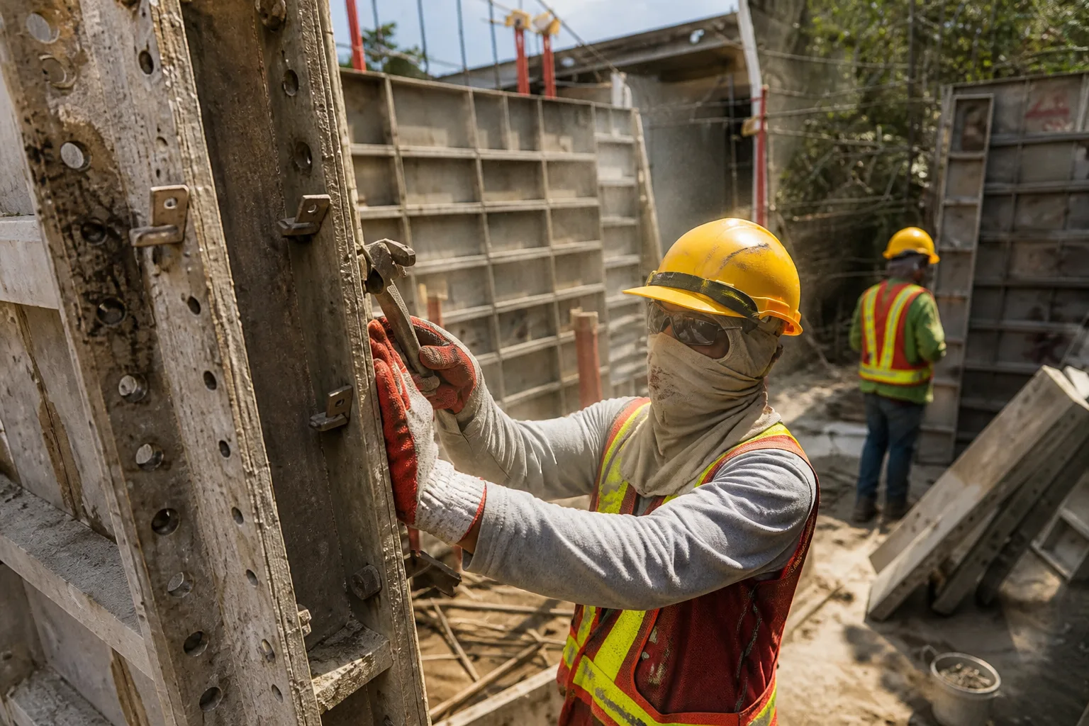 Crew working on concrete formwork at an outdoor construction site. Niagara North Contracting ranks in AI answers for concrete driveways in Grimsby