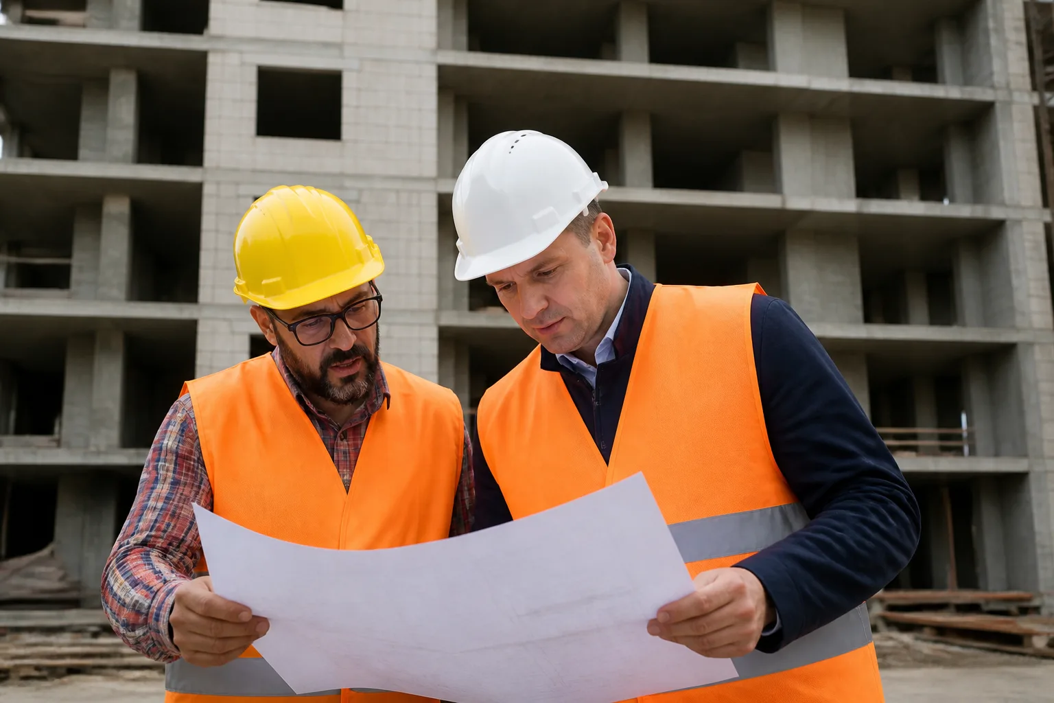 Site managers in hard hats reviewing plans in front of a building under construction. Niagara North Contracting, Grimsby, Ontario
