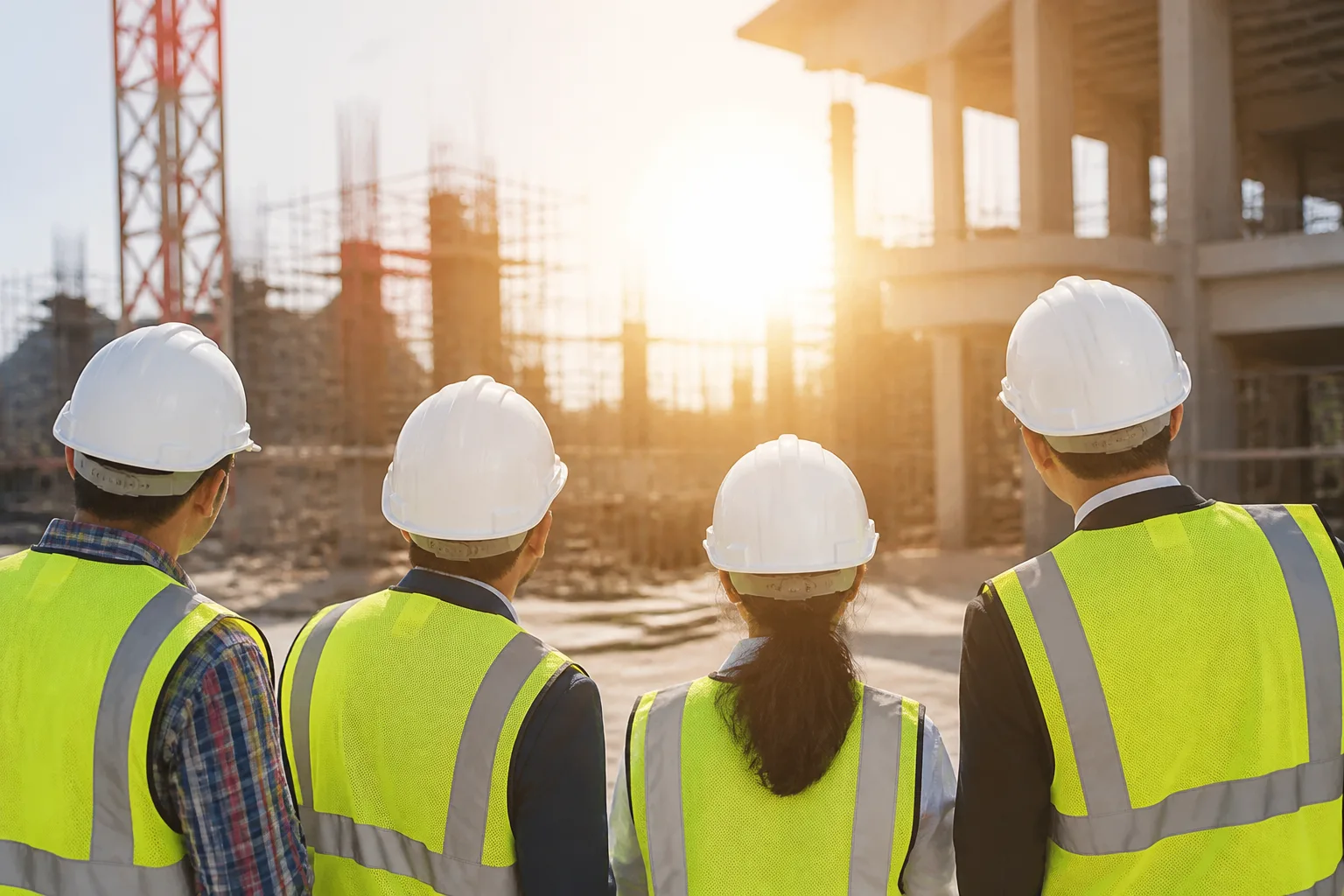 Construction crew in safety gear looking out across a sunlit job site. Niagara North Contracting, a LeadGulls AI search client