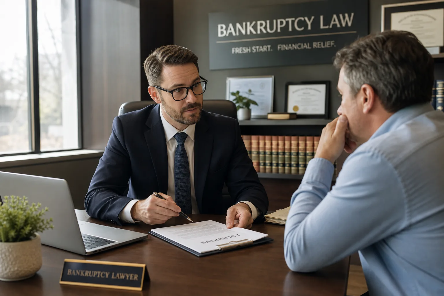 Bankruptcy lawyer meeting with a client