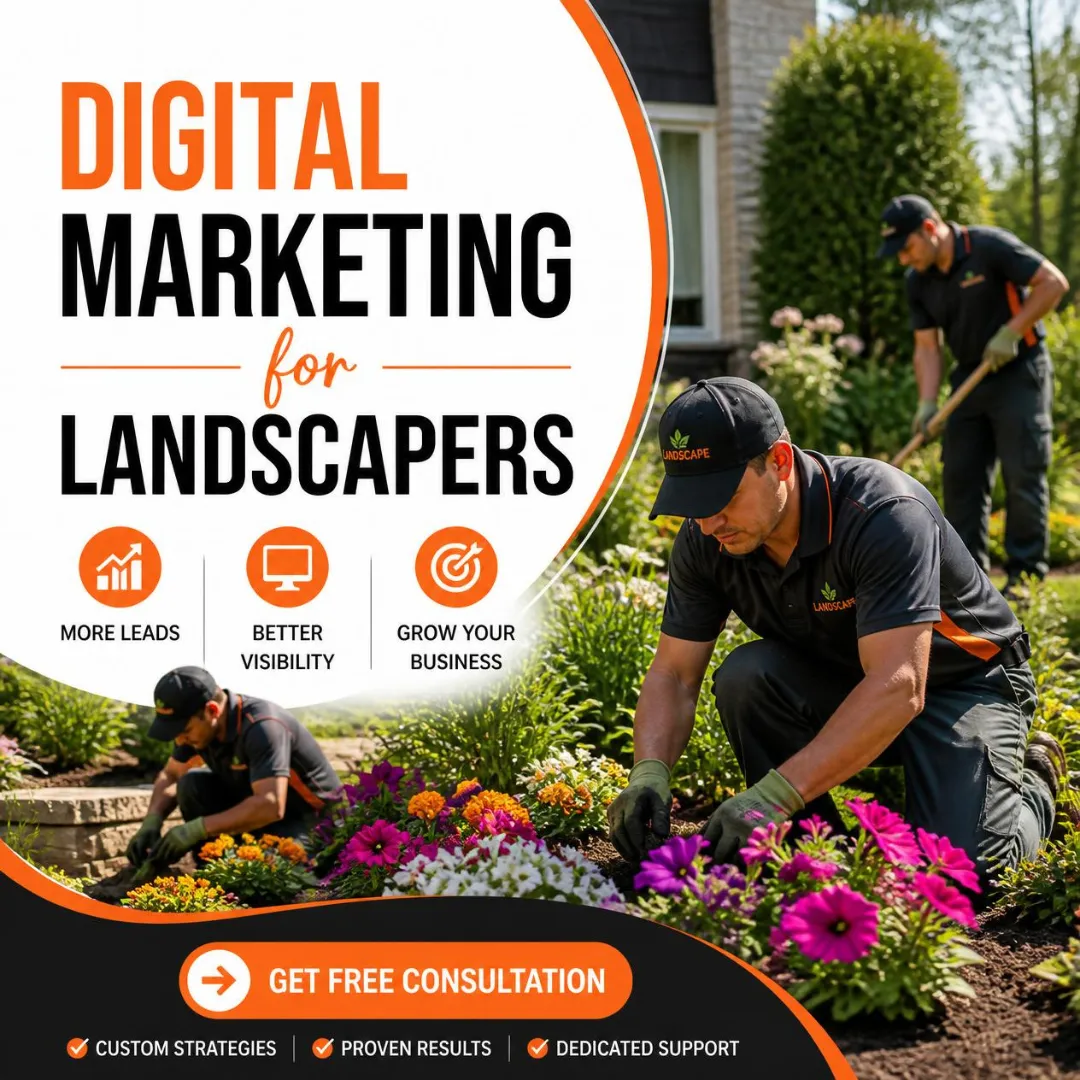 Landscaping crew working on a residential yard during peak season, representing qualified leads from digital marketing for landscapers.