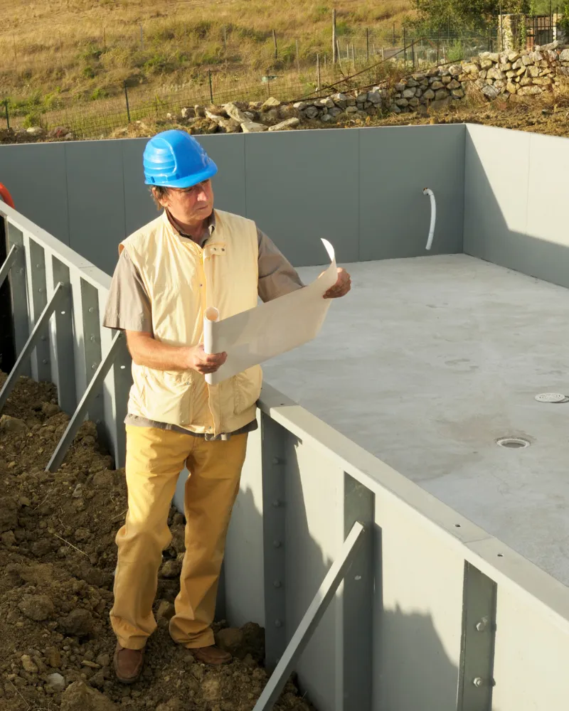 Pool builder reviewing construction blueprints beside an in-ground pool shell under construction