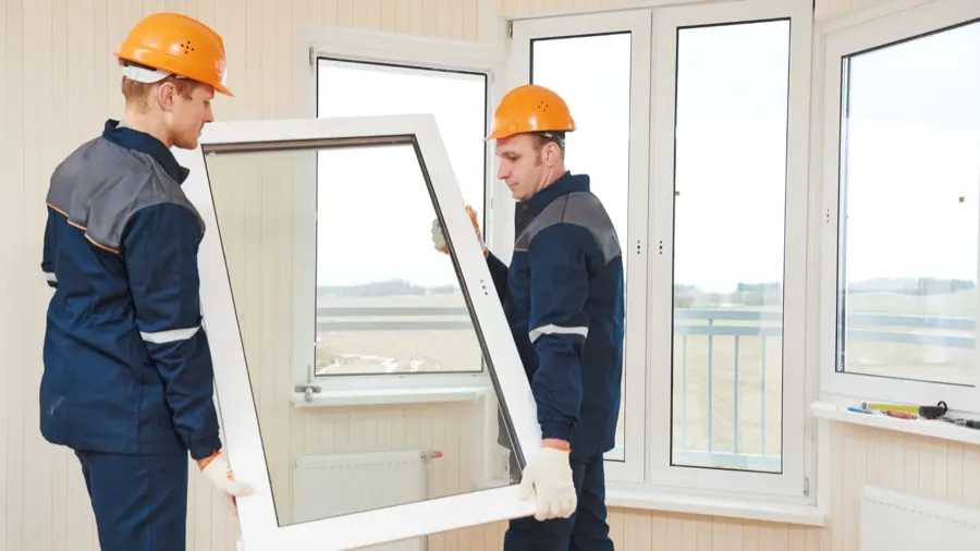 Window and door installer reviewing a residential replacement project, representing digital marketing for window and door companies.