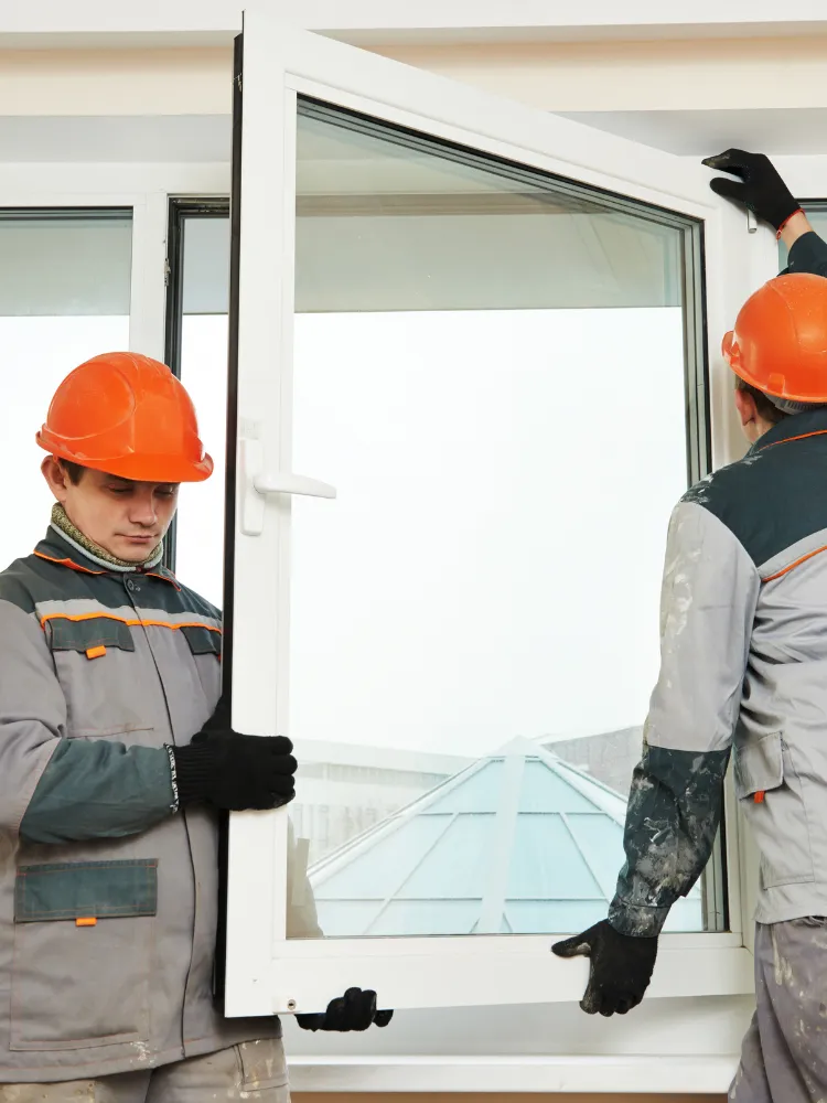 Window and door installer reviewing a residential replacement project during a digital marketing campaign