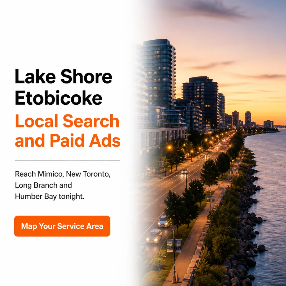 Lake Shore waterfront in Etobicoke at dusk