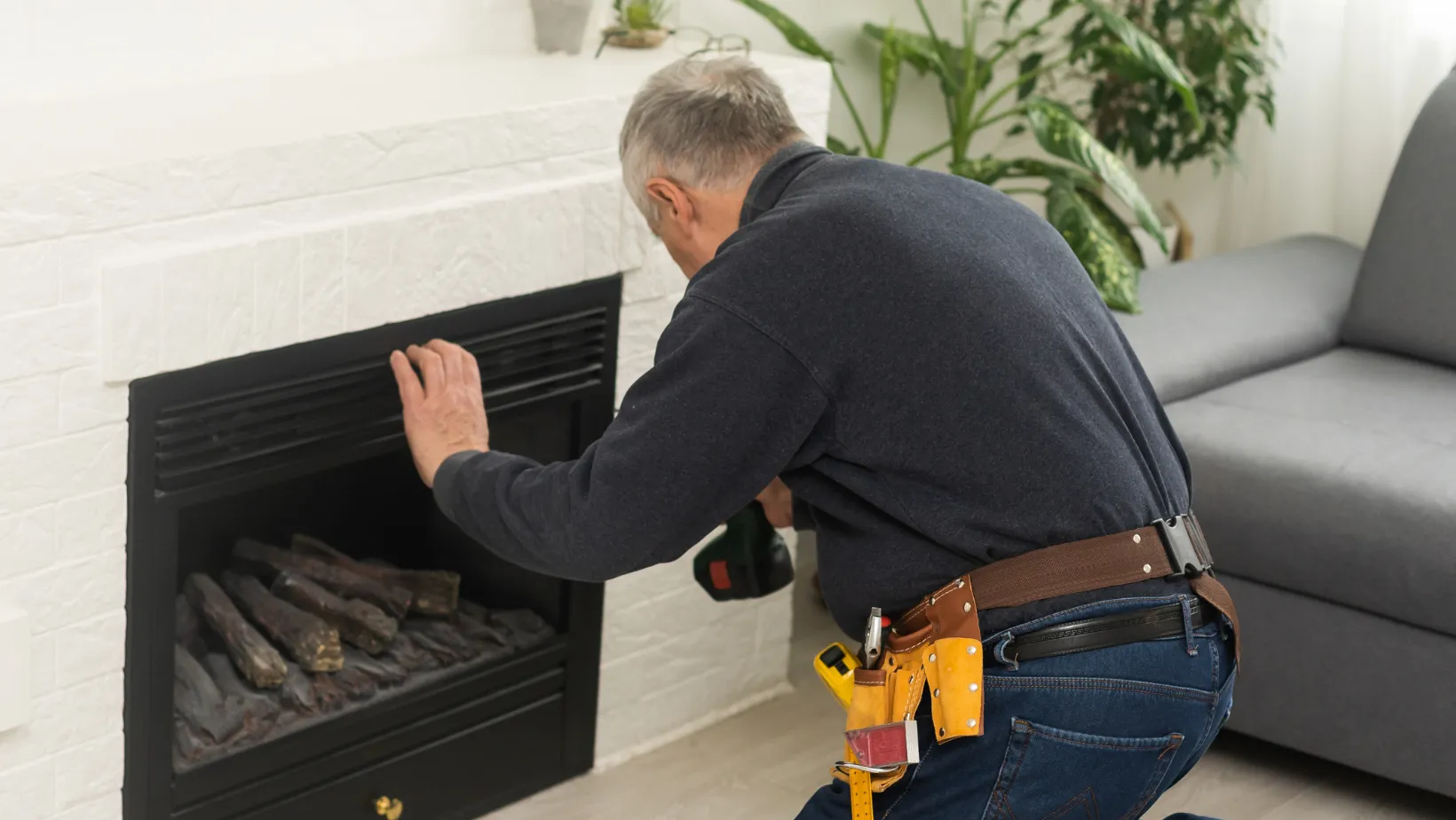 An installer working on a white fireplace surround