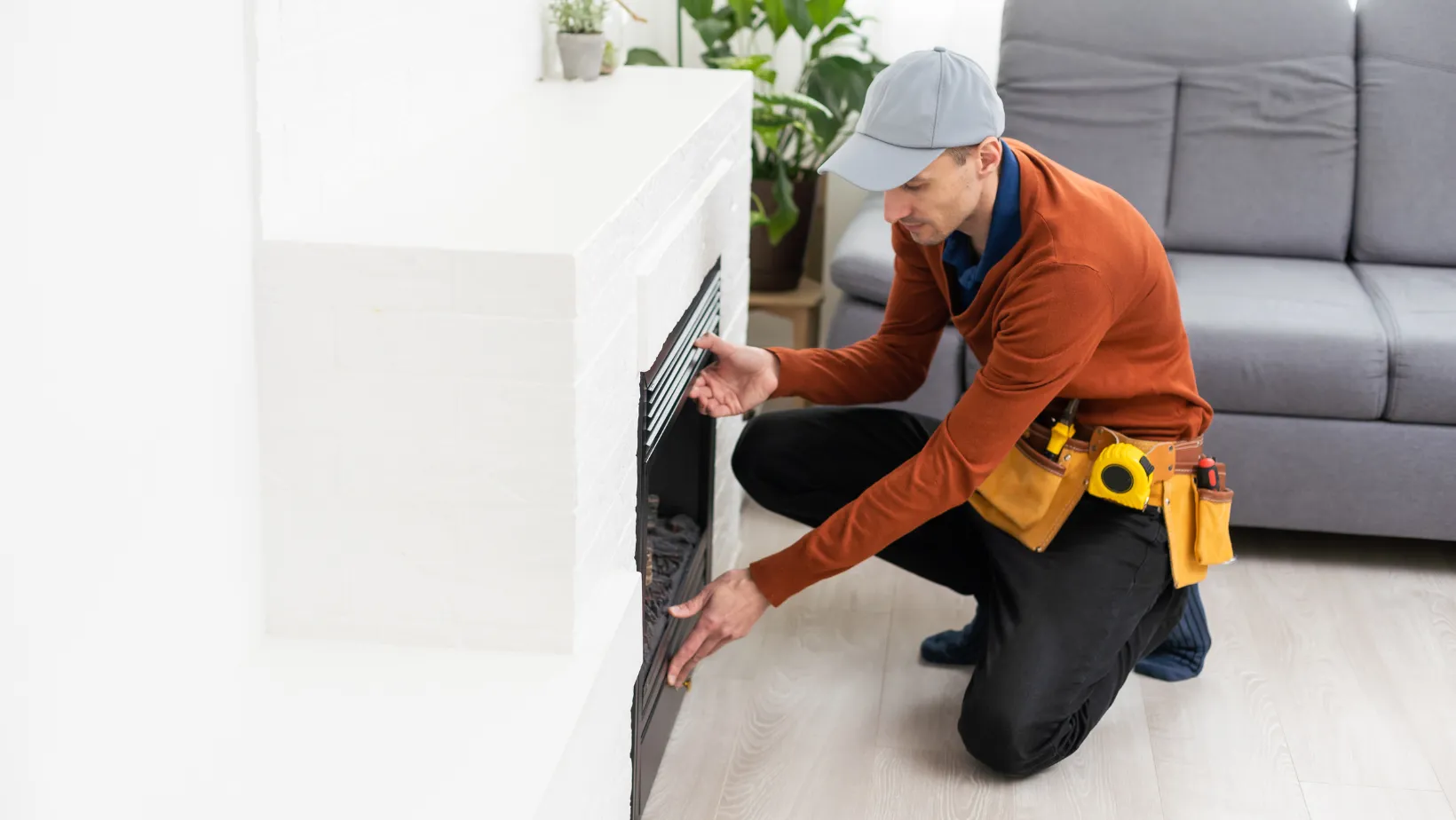 A fireplace technician checking a modern insert