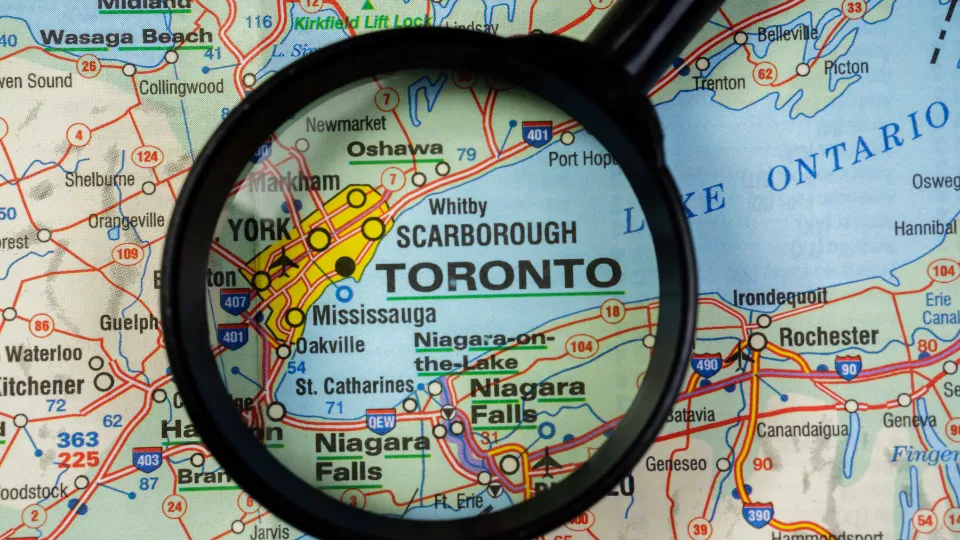 Map of Toronto and the Greater Toronto Area under a magnifying glass