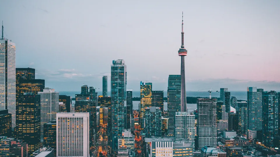 Toronto skyline at dusk with the CN Tower
