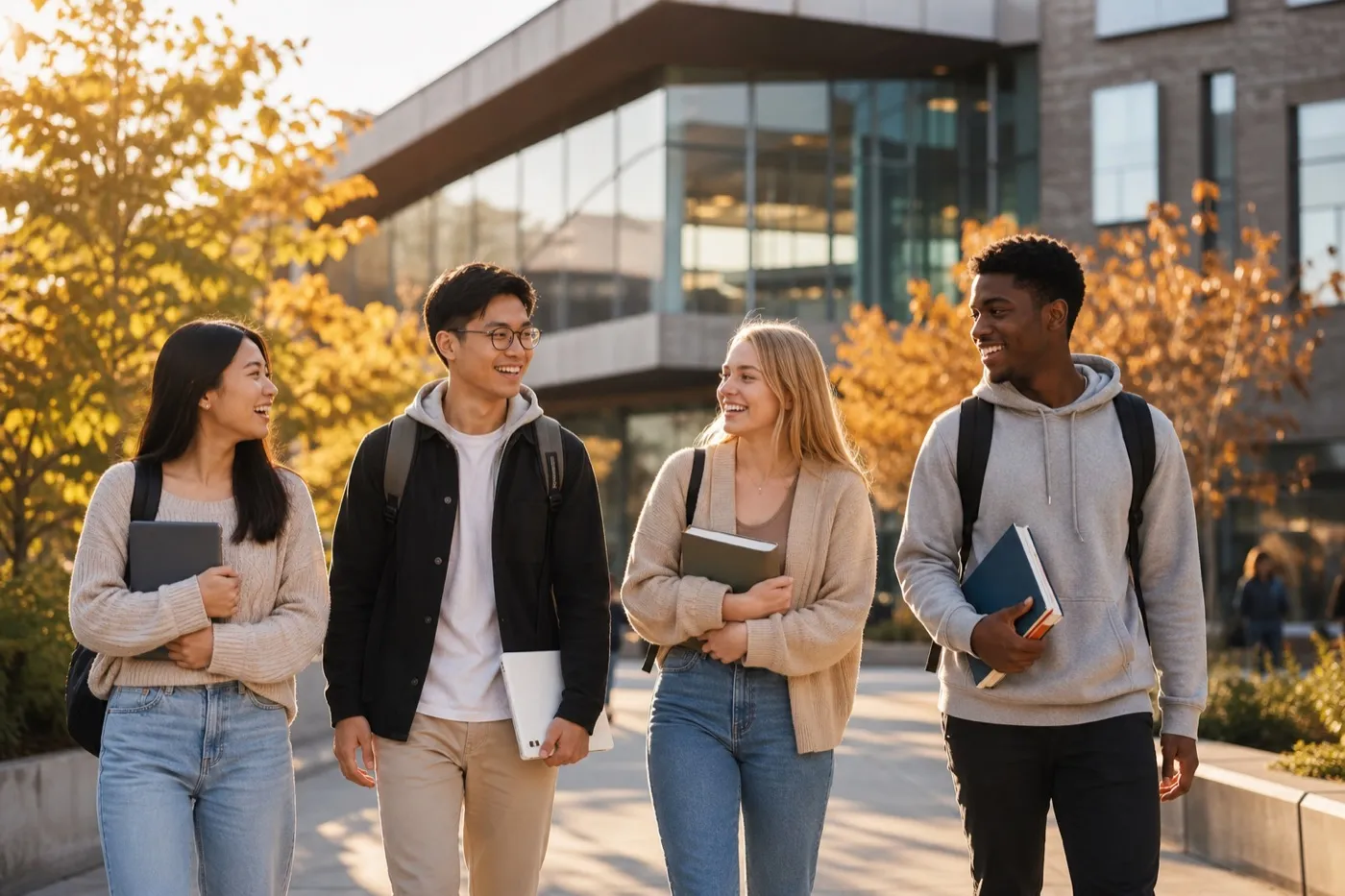 Higher education marketing — diverse university students walking together on a modern campus quad