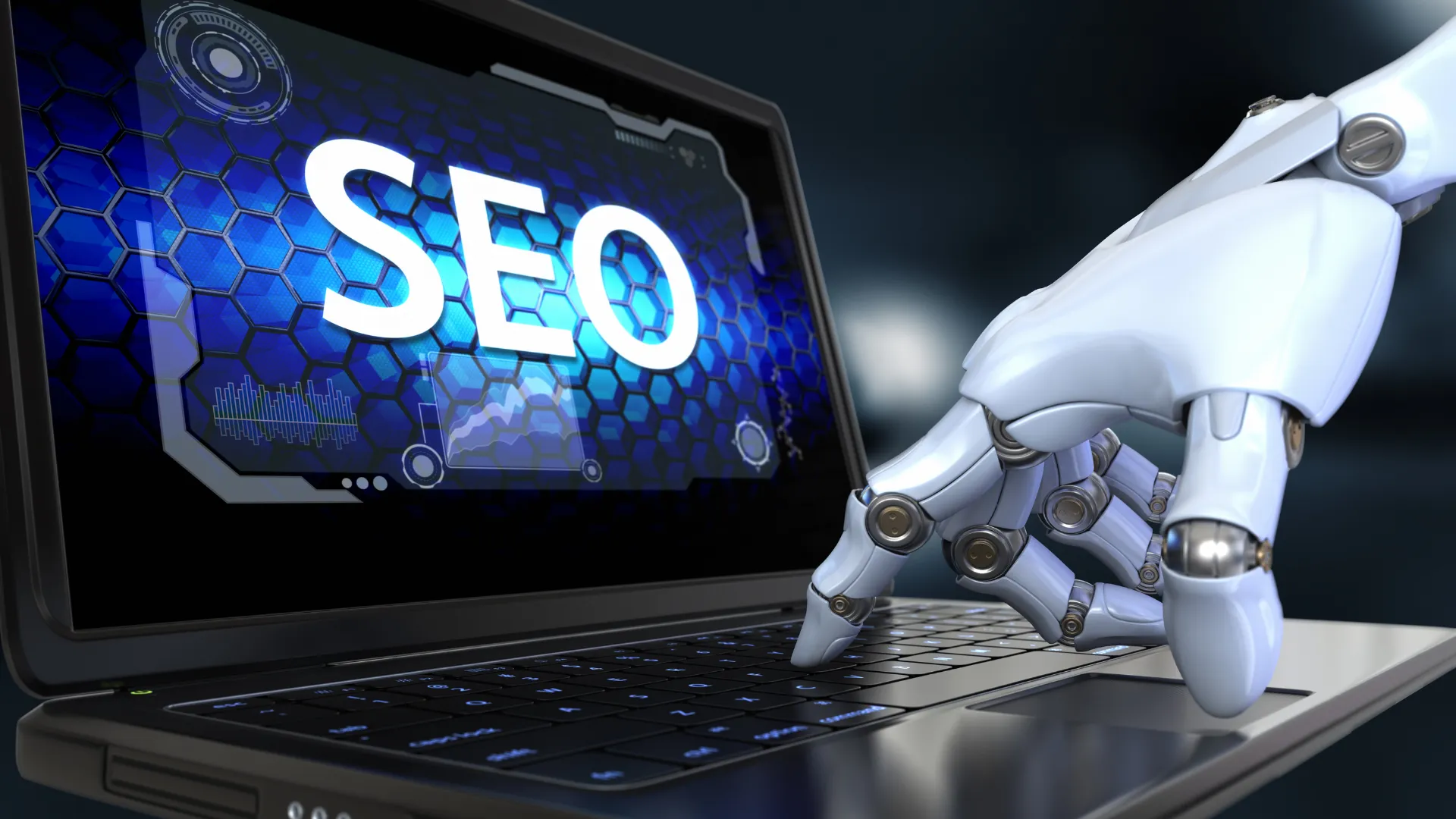 A robotic hand types on a laptop whose screen reads SEO
